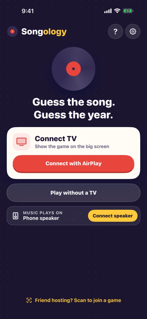 Songology home screen: Guess the song. Guess the year.