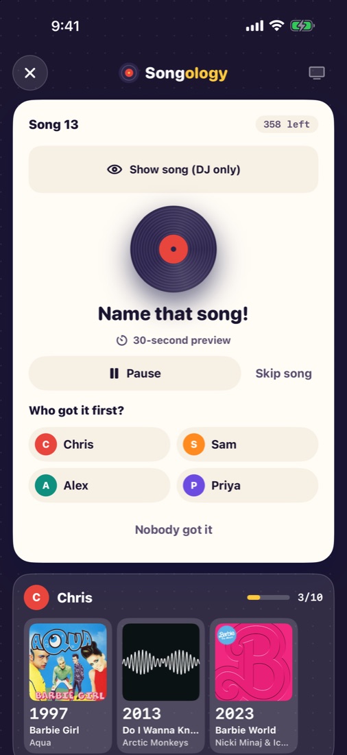 The DJ's screen while a song plays, with player buttons for who got it first